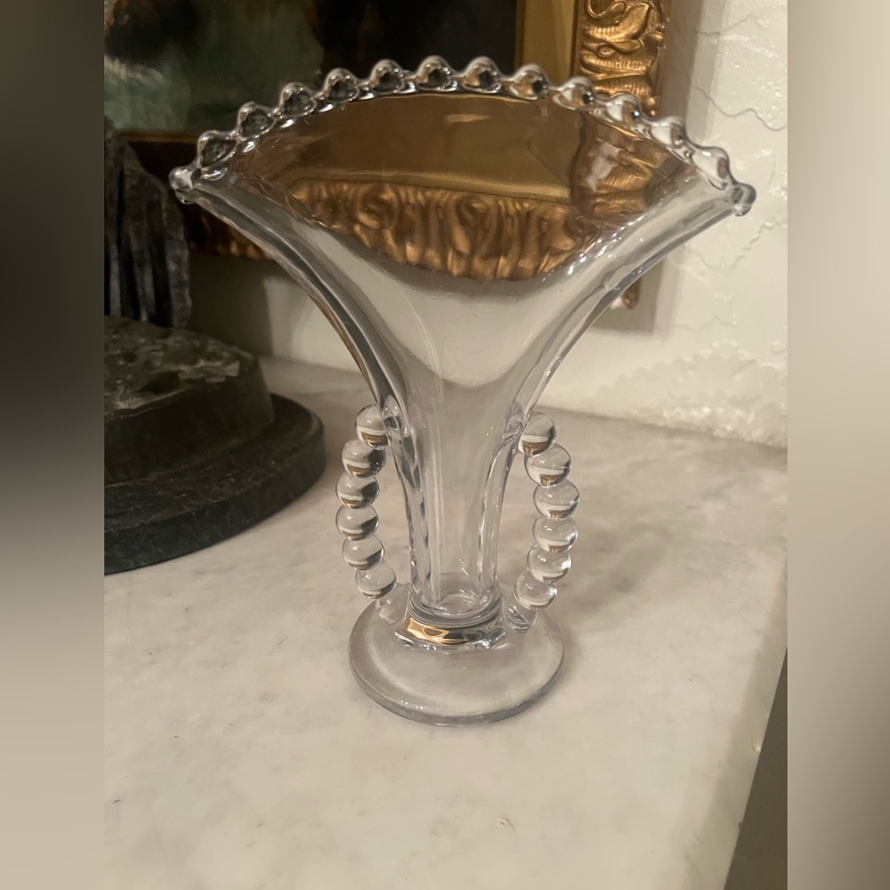 Vintage Imperial Glass Candlewick Flared Fan Vase with Beaded Rim & Sides